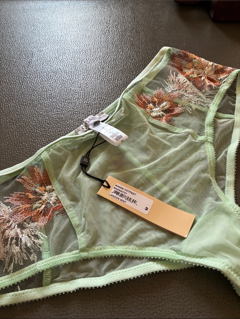 Cosabella Maasai Hotpant Lagoon Mint Sheer Mesh Bikini with Floral Embroidery M